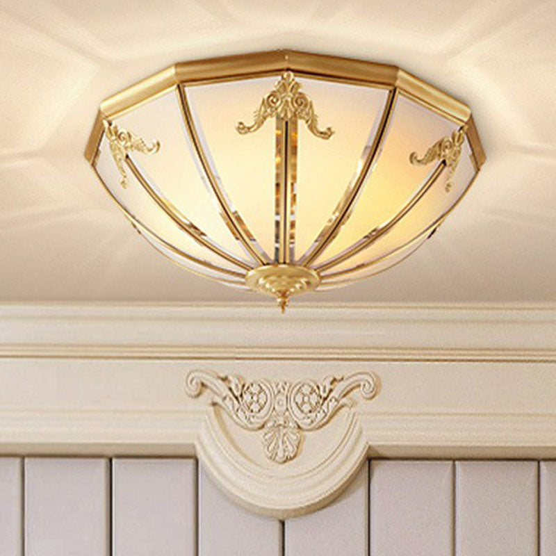 3 Lights Hemispherical Ceiling Light Fixture Colonial Style Brass Frosted White Glass Flush Mount Lamp Clearhalo 'Ceiling Lights' 'Close To Ceiling Lights' 'Close to ceiling' 'Flush mount' Lighting' 2267882