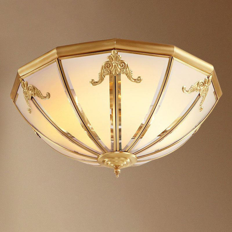 3 Lights Hemispherical Ceiling Light Fixture Colonial Style Brass Frosted White Glass Flush Mount Lamp Brass Clearhalo 'Ceiling Lights' 'Close To Ceiling Lights' 'Close to ceiling' 'Flush mount' Lighting' 2267883