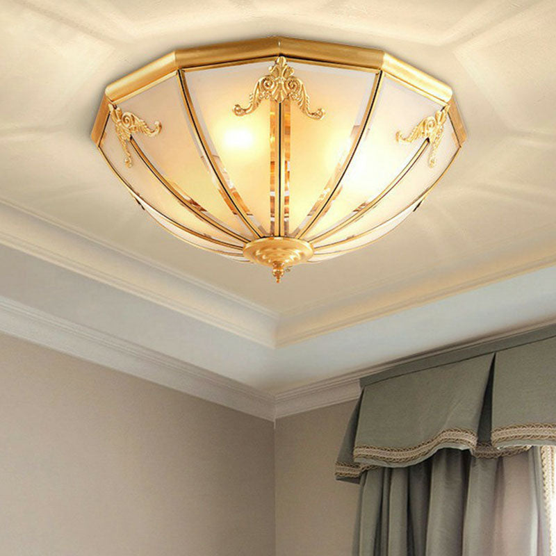 3 Lights Hemispherical Ceiling Light Fixture Colonial Style Brass Frosted White Glass Flush Mount Lamp Clearhalo 'Ceiling Lights' 'Close To Ceiling Lights' 'Close to ceiling' 'Flush mount' Lighting' 2267884