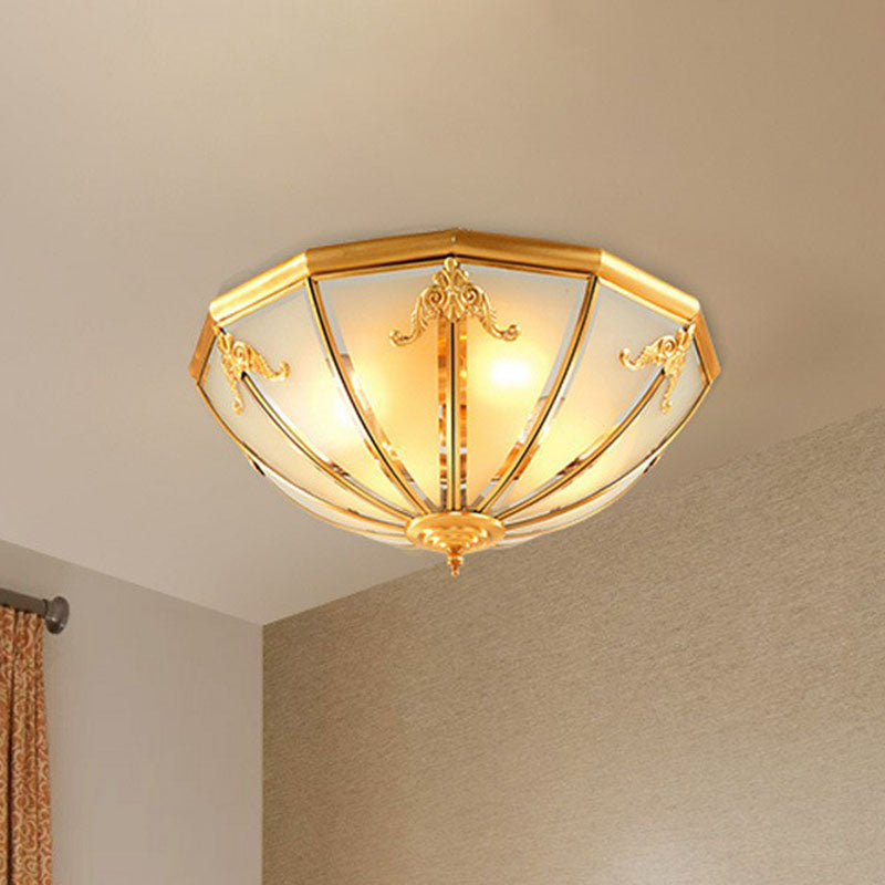 3 Lights Hemispherical Ceiling Light Fixture Colonial Style Brass Frosted White Glass Flush Mount Lamp Clearhalo 'Ceiling Lights' 'Close To Ceiling Lights' 'Close to ceiling' 'Flush mount' Lighting' 2267885