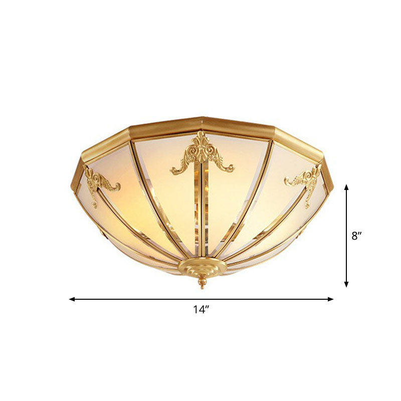 3 Lights Hemispherical Ceiling Light Fixture Colonial Style Brass Frosted White Glass Flush Mount Lamp Clearhalo 'Ceiling Lights' 'Close To Ceiling Lights' 'Close to ceiling' 'Flush mount' Lighting' 2267888