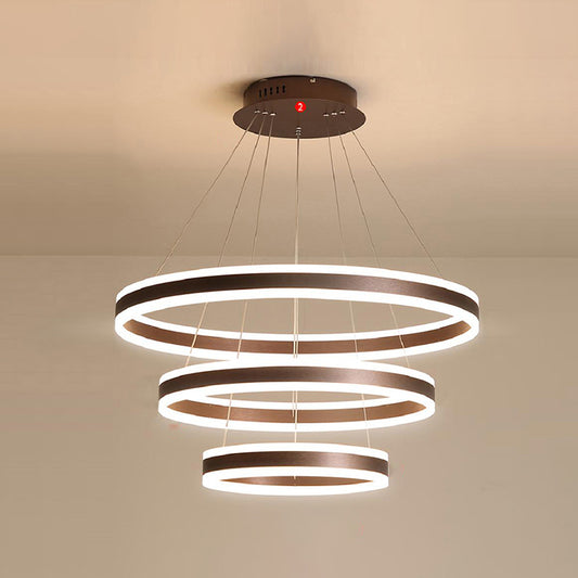 Height Adjustable 3-Ring LED Pendant Light Artistic Metal Dining Room Chandelier in Coffee Coffee 31.5" Clearhalo 'Ceiling Lights' 'Chandeliers' 'Modern Chandeliers' 'Modern' Lighting' 2267922