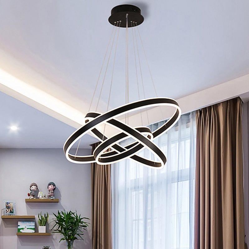 Height Adjustable 3-Ring LED Pendant Light Artistic Metal Dining Room Chandelier in Coffee Clearhalo 'Ceiling Lights' 'Chandeliers' 'Modern Chandeliers' 'Modern' Lighting' 2267923