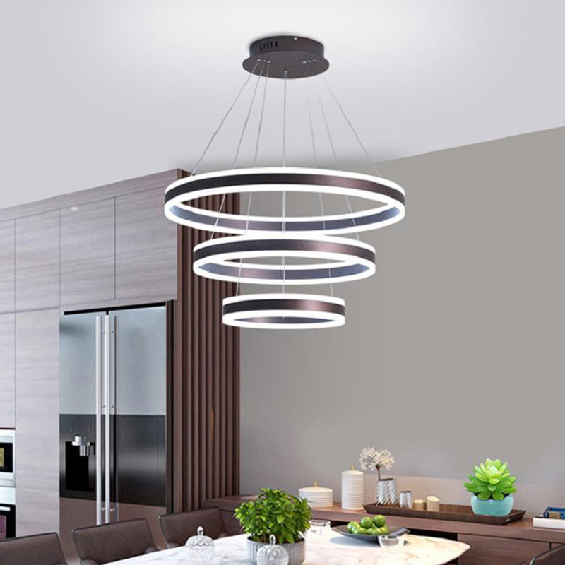 Height Adjustable 3-Ring LED Pendant Light Artistic Metal Dining Room Chandelier in Coffee Clearhalo 'Ceiling Lights' 'Chandeliers' 'Modern Chandeliers' 'Modern' Lighting' 2267926