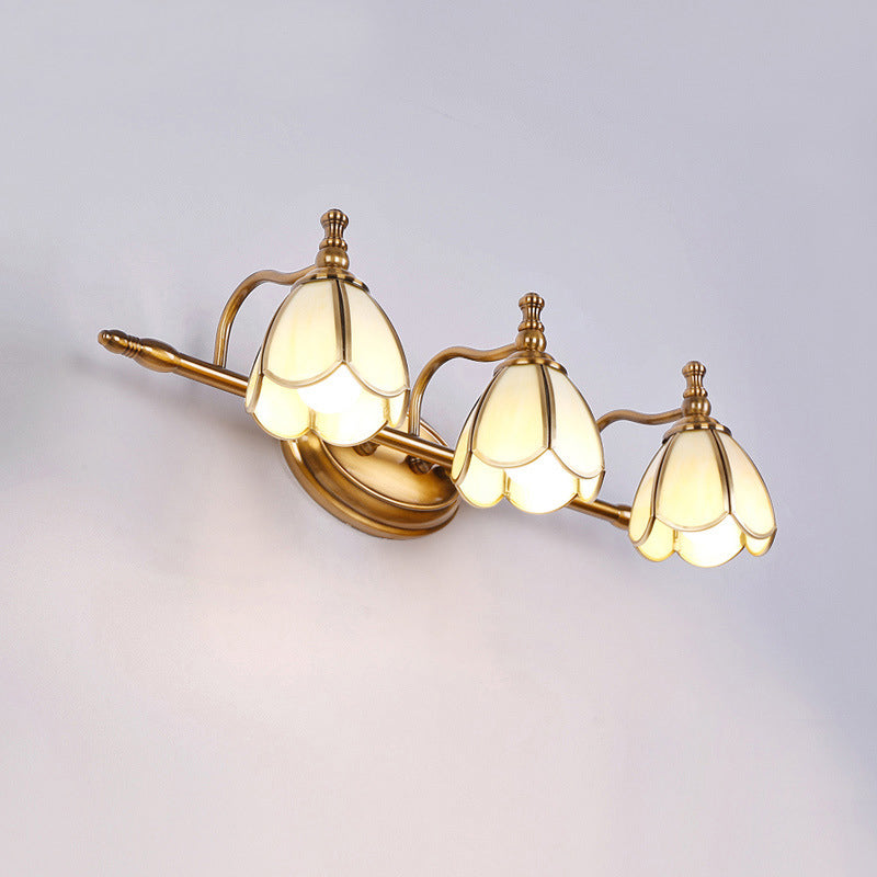 Beveled Glass Floral Wall Lighting Ideas Vintage 3 Bulbs Bathroom Vanity Sconce Light in Brass Clearhalo 'Vanity Lights' 'Wall Lights' Lighting' 2267960