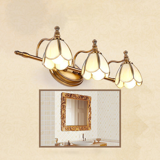 Beveled Glass Floral Wall Lighting Ideas Vintage 3 Bulbs Bathroom Vanity Sconce Light in Brass Clearhalo 'Vanity Lights' 'Wall Lights' Lighting' 2267961