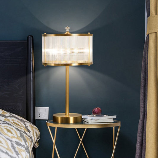 Simplicity Drum Shade Nightstand Lamp 1 Bulb Clear Glass Rod Table Lighting in Brass for Bedside Clearhalo 'Lamps' 'Table Lamps' Lighting' 2267996