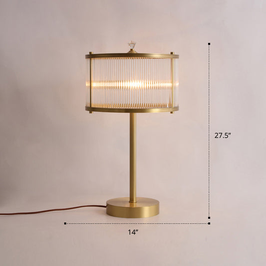 Simplicity Drum Shade Nightstand Lamp 1 Bulb Clear Glass Rod Table Lighting in Brass for Bedside Clearhalo 'Lamps' 'Table Lamps' Lighting' 2267997