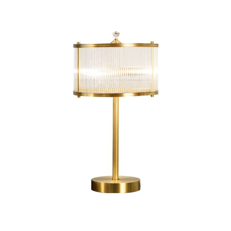 Simplicity Drum Shade Nightstand Lamp 1 Bulb Clear Glass Rod Table Lighting in Brass for Bedside Clearhalo 'Lamps' 'Table Lamps' Lighting' 2267998