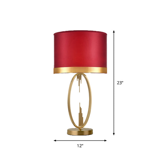 Round Fabric Table Light Traditional Single Living Room Nightstand Lighting in Brass Red 12" Clearhalo 'Lamps' 'Table Lamps' Lighting' 2268001