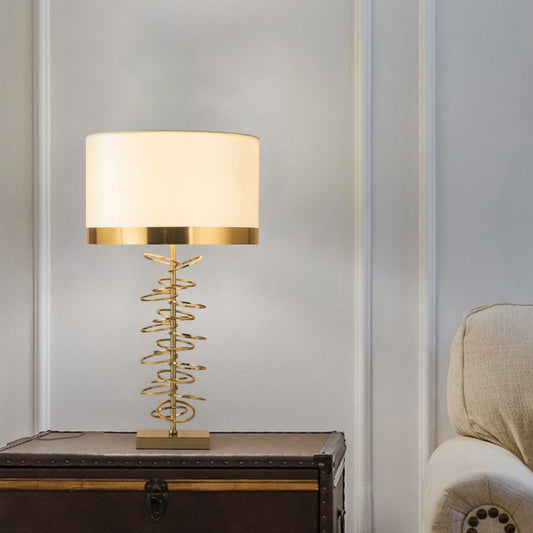 Classic Style Drum Table Lamp 1 Head Fabric Nightstand Light with Metal Ring in Brass Clearhalo 'Lamps' 'Table Lamps' Lighting' 2268044