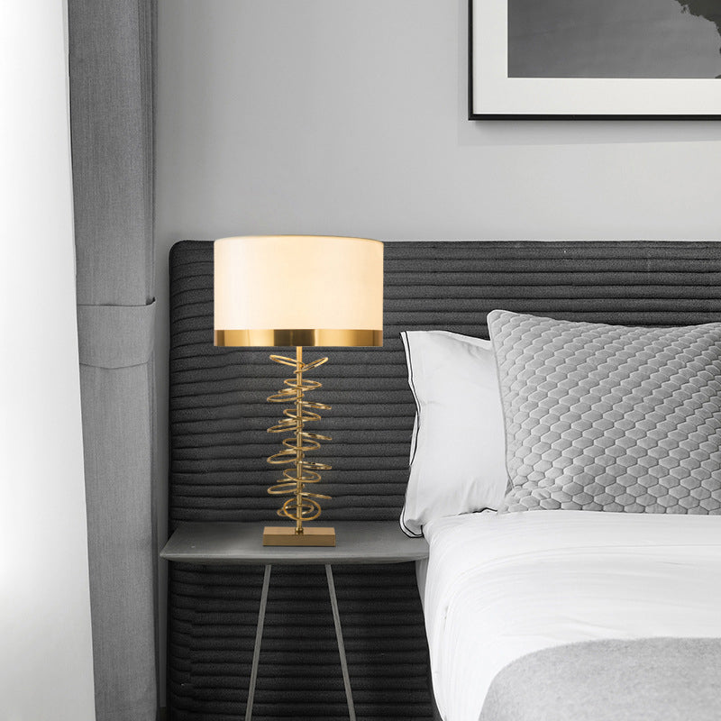 Classic Style Drum Table Lamp 1 Head Fabric Nightstand Light with Metal Ring in Brass Clearhalo 'Lamps' 'Table Lamps' Lighting' 2268045