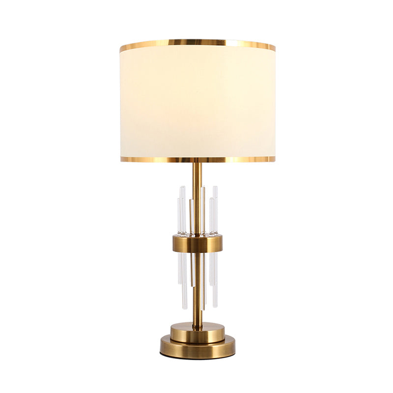 Drum Fabric Nightstand Lamp Vintage Single-Bulb Study Room Table Lighting with Crystal Rod in White Clearhalo 'Lamps' 'Table Lamps' Lighting' 2268051