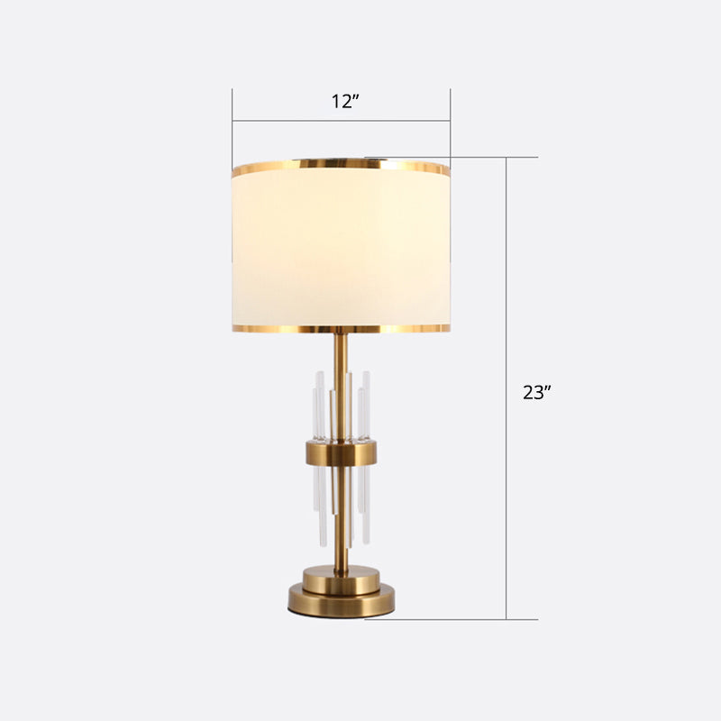 Drum Fabric Nightstand Lamp Vintage Single-Bulb Study Room Table Lighting with Crystal Rod in White Clearhalo 'Lamps' 'Table Lamps' Lighting' 2268053