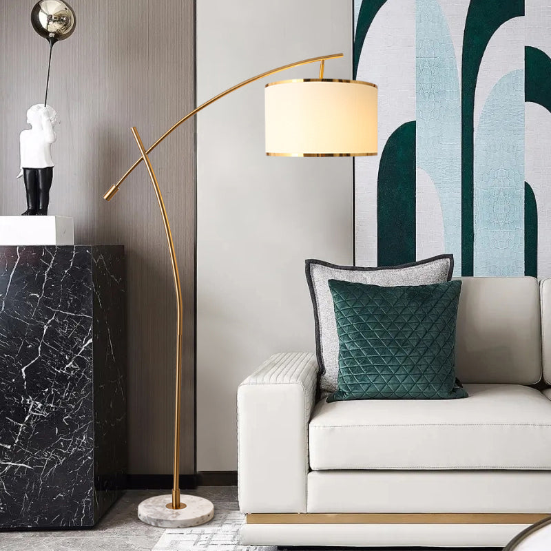 Minimalist Drum Standing Light 1-Light Fabric Floor Lamp with Marble Base in White Clearhalo 'Floor Lamps' 'Lamps' Lighting' 2268098