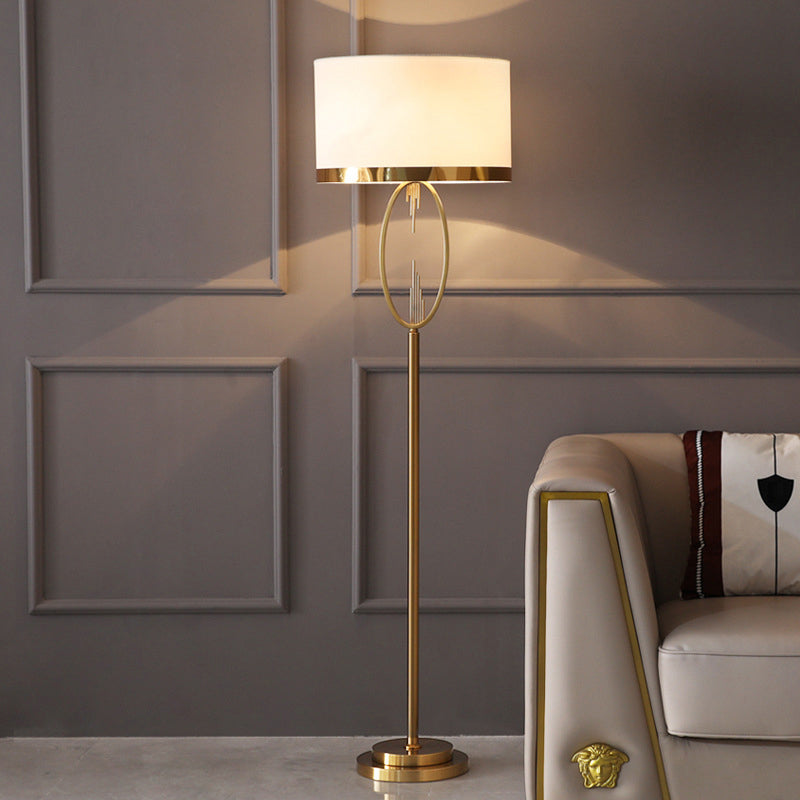 White Drum Floor Light Simplicity Fabric Single Living Room Standing Lamp with Metallic Ellipse White Clearhalo 'Floor Lamps' 'Lamps' Lighting' 2268114
