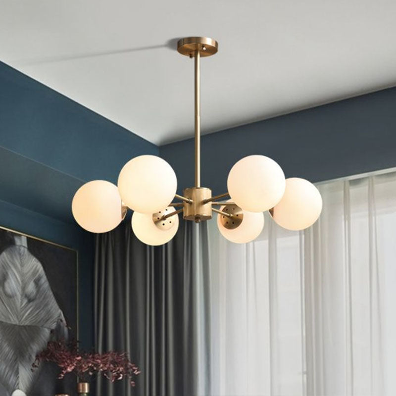 Frosted White Glass Ball Chandelier Minimalist Gold Finish Hanging Ceiling Light for Dining Room Clearhalo 'Ceiling Lights' 'Chandeliers' 'Modern Chandeliers' 'Modern' Lighting' 2268125