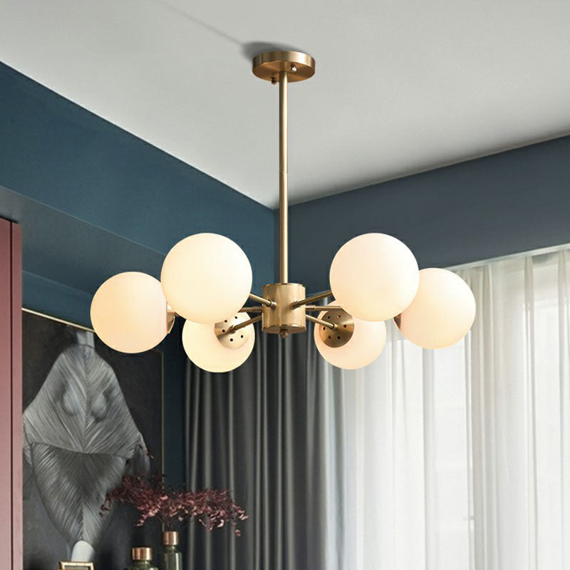Frosted White Glass Ball Chandelier Minimalist Gold Finish Hanging Ceiling Light for Dining Room Clearhalo 'Ceiling Lights' 'Chandeliers' 'Modern Chandeliers' 'Modern' Lighting' 2268128