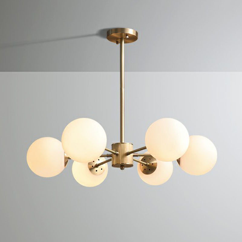 Frosted White Glass Ball Chandelier Minimalist Gold Finish Hanging Ceiling Light for Dining Room 6 Gold Clearhalo 'Ceiling Lights' 'Chandeliers' 'Modern Chandeliers' 'Modern' Lighting' 2268129