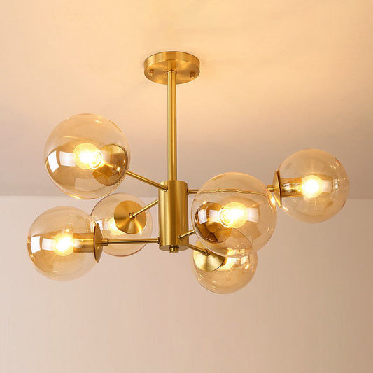 Contemporary Radial Chandelier Ball Glass Living Room Ceiling Pendant Light in Antiqued Brass 6 Amber Clearhalo 'Ceiling Lights' 'Chandeliers' 'Modern Chandeliers' 'Modern' Lighting' 2268136