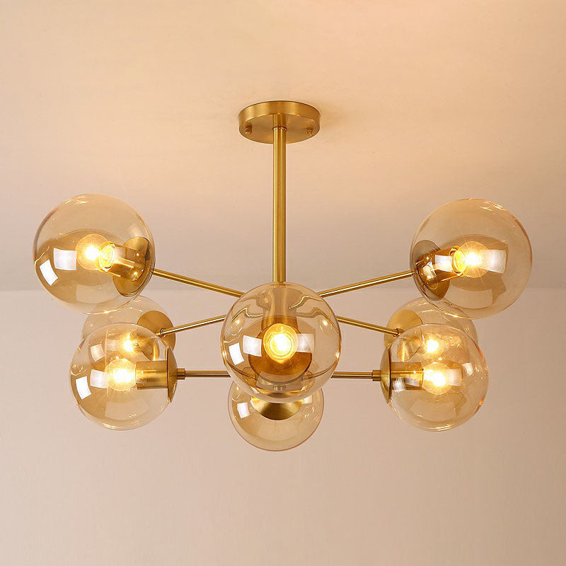 Contemporary Radial Chandelier Ball Glass Living Room Ceiling Pendant Light in Antiqued Brass 8 Amber Clearhalo 'Ceiling Lights' 'Chandeliers' 'Modern Chandeliers' 'Modern' Lighting' 2268138