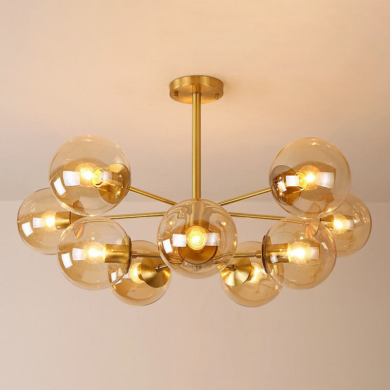 Contemporary Radial Chandelier Ball Glass Living Room Ceiling Pendant Light in Antiqued Brass 10 Amber Clearhalo 'Ceiling Lights' 'Chandeliers' 'Modern Chandeliers' 'Modern' Lighting' 2268140