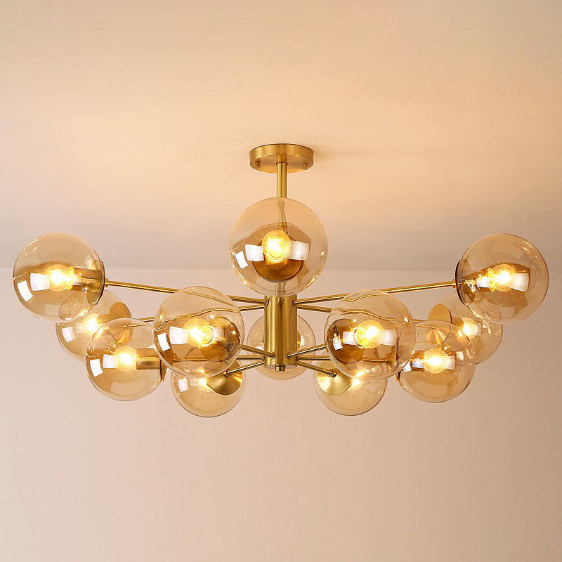 Contemporary Radial Chandelier Ball Glass Living Room Ceiling Pendant Light in Antiqued Brass 12 Amber Clearhalo 'Ceiling Lights' 'Chandeliers' 'Modern Chandeliers' 'Modern' Lighting' 2268142