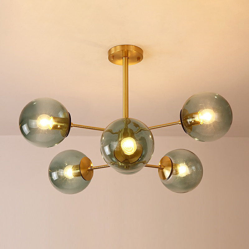Contemporary Radial Chandelier Ball Glass Living Room Ceiling Pendant Light in Antiqued Brass 6 Blue Clearhalo 'Ceiling Lights' 'Chandeliers' 'Modern Chandeliers' 'Modern' Lighting' 2268143