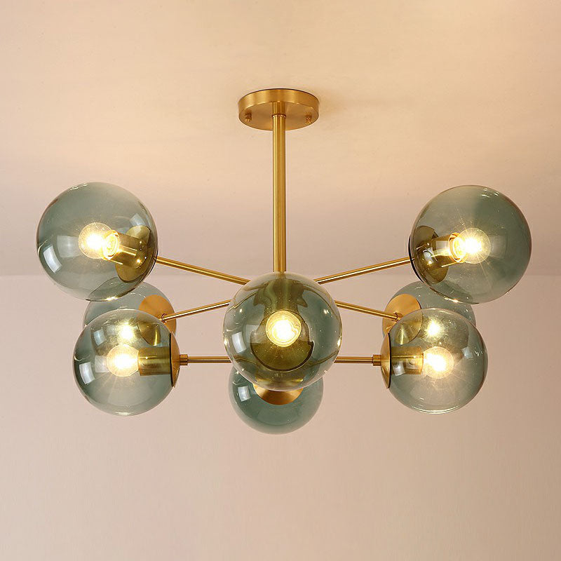 Contemporary Radial Chandelier Ball Glass Living Room Ceiling Pendant Light in Antiqued Brass 8 Blue Clearhalo 'Ceiling Lights' 'Chandeliers' 'Modern Chandeliers' 'Modern' Lighting' 2268144
