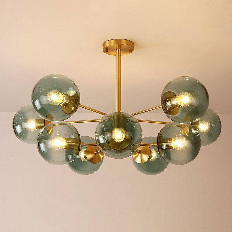 Contemporary Radial Chandelier Ball Glass Living Room Ceiling Pendant Light in Antiqued Brass 10 Blue Clearhalo 'Ceiling Lights' 'Chandeliers' 'Modern Chandeliers' 'Modern' Lighting' 2268145