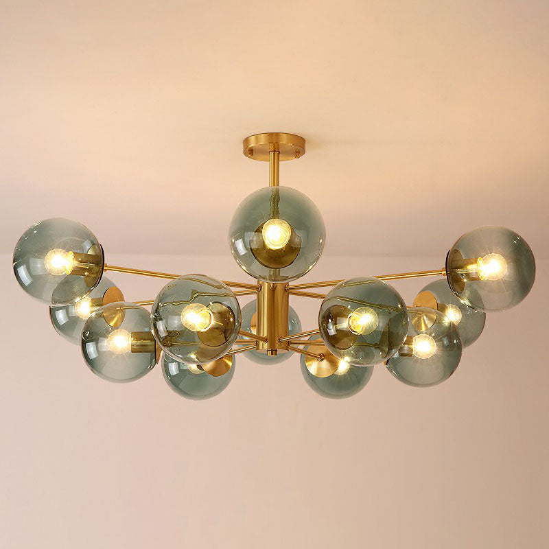 Contemporary Radial Chandelier Ball Glass Living Room Ceiling Pendant Light in Antiqued Brass 12 Blue Clearhalo 'Ceiling Lights' 'Chandeliers' 'Modern Chandeliers' 'Modern' Lighting' 2268146