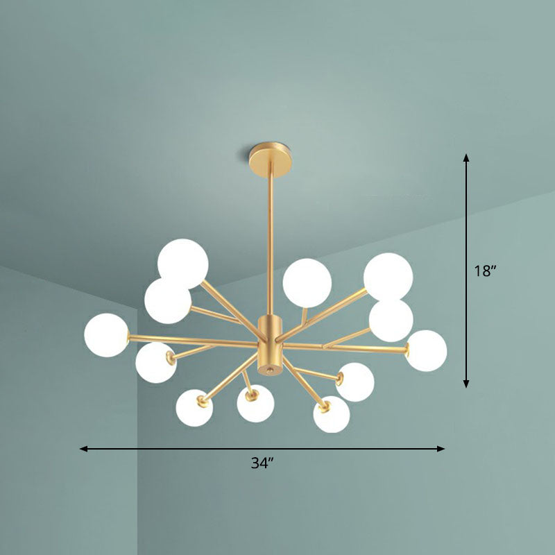 Metallic Branch LED Suspension Light Postmodernist Gold Chandelier with Ball Opal Glass Shade 12 Gold Clearhalo 'Ceiling Lights' 'Chandeliers' 'Modern Chandeliers' 'Modern' Lighting' 2268178