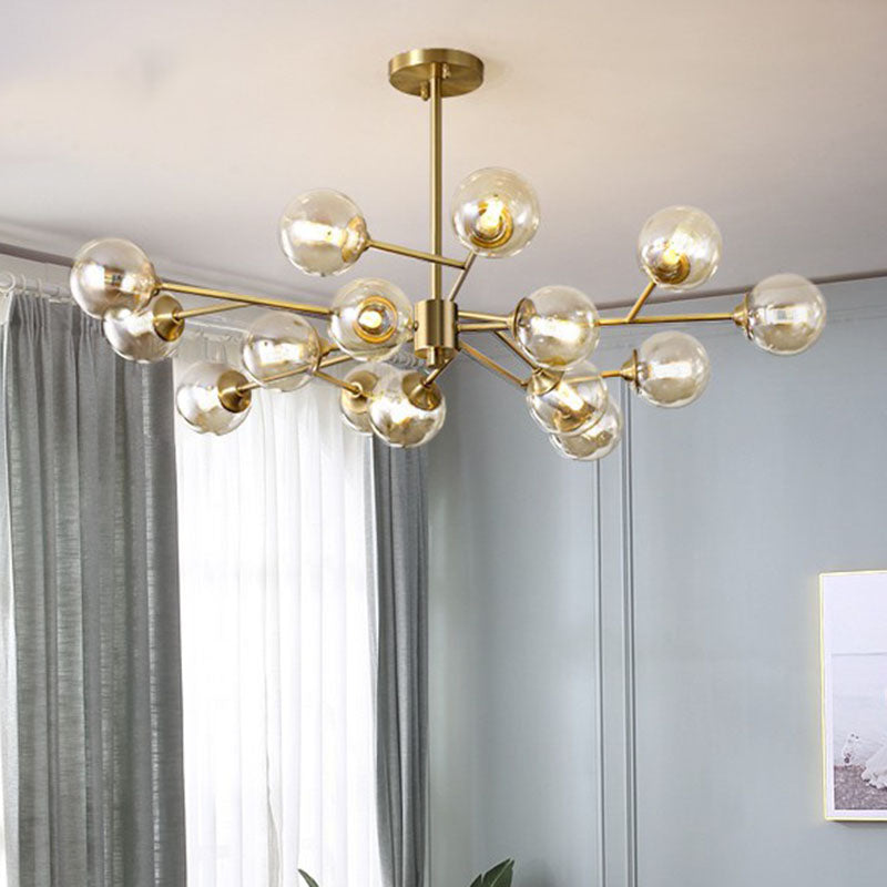 Branching Hanging Ceiling Light Post-Modern Metal Golden Chandelier with Ball Amber Glass Shade 15 Gold Clearhalo 'Ceiling Lights' 'Chandeliers' 'Modern Chandeliers' 'Modern' Lighting' 2268187