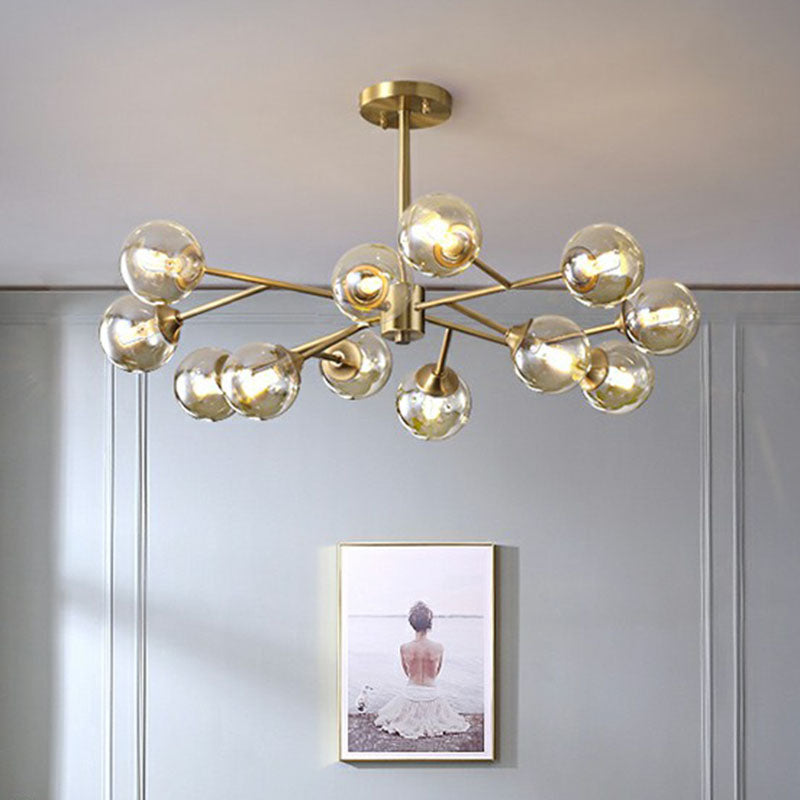 Branching Hanging Ceiling Light Post-Modern Metal Golden Chandelier with Ball Amber Glass Shade 12 Gold Clearhalo 'Ceiling Lights' 'Chandeliers' 'Modern Chandeliers' 'Modern' Lighting' 2268189
