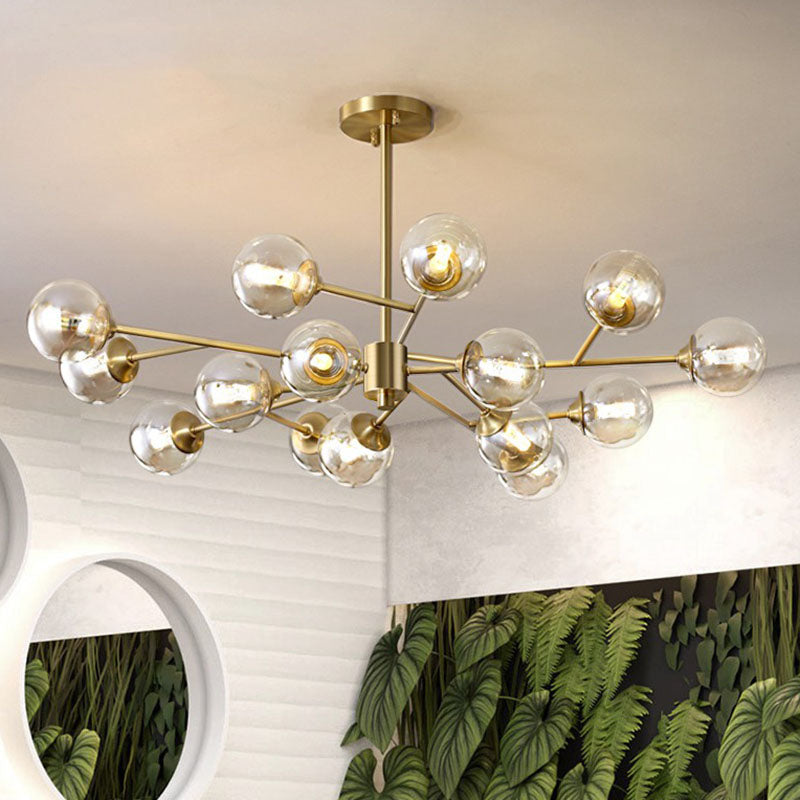 Branching Hanging Ceiling Light Post-Modern Metal Golden Chandelier with Ball Amber Glass Shade Clearhalo 'Ceiling Lights' 'Chandeliers' 'Modern Chandeliers' 'Modern' Lighting' 2268190
