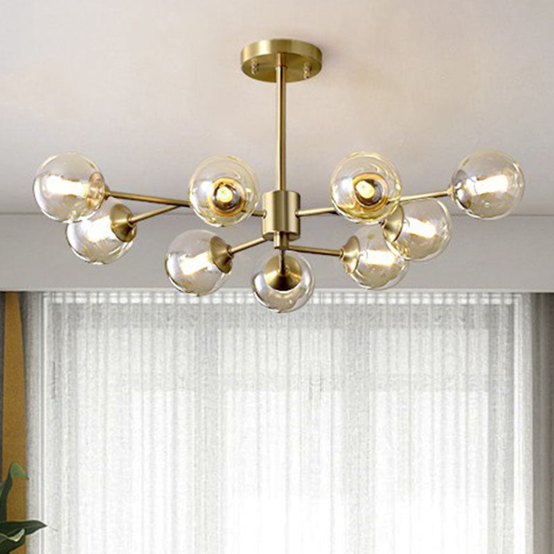 Branching Hanging Ceiling Light Post-Modern Metal Golden Chandelier with Ball Amber Glass Shade 9 Gold Clearhalo 'Ceiling Lights' 'Chandeliers' 'Modern Chandeliers' 'Modern' Lighting' 2268191