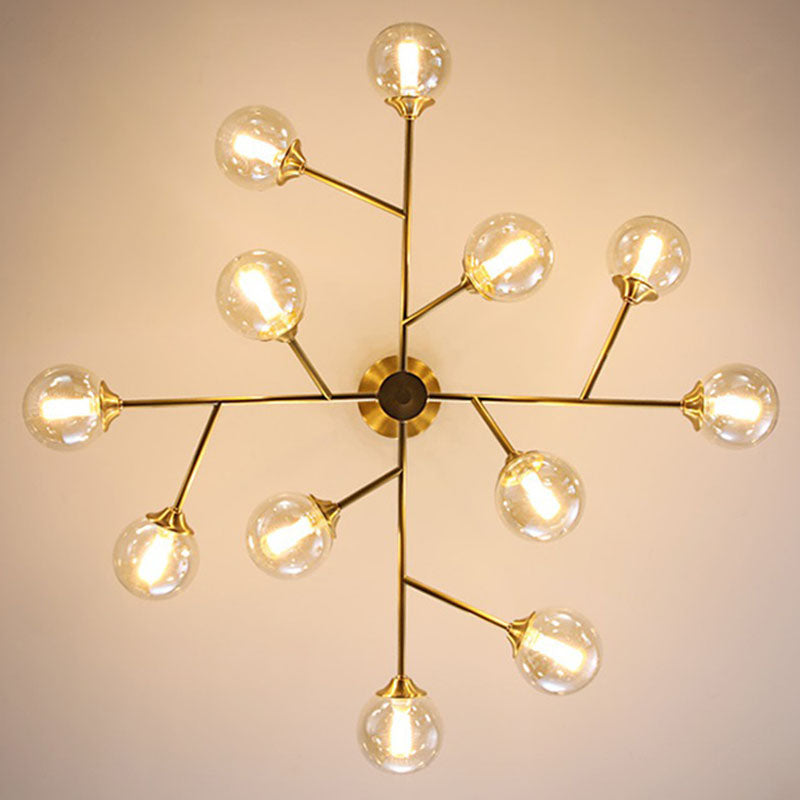 Branching Hanging Ceiling Light Post-Modern Metal Golden Chandelier with Ball Amber Glass Shade Clearhalo 'Ceiling Lights' 'Chandeliers' 'Modern Chandeliers' 'Modern' Lighting' 2268193