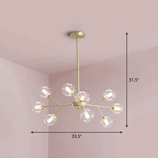 Gold Branch Hanging Chandelier Postmodern Stylish Clear Ball Glass Ceiling Light for Dining Room 9 Gold Clearhalo 'Ceiling Lights' 'Chandeliers' 'Modern Chandeliers' 'Modern' Lighting' 2268198