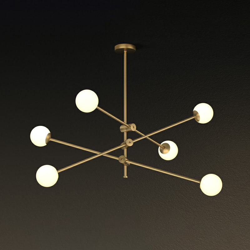 Metal Swivel Arm Hanging Lamp Minimalist Brass Finish Chandelier with Ball Glass Shade 6 Cream Clearhalo 'Ceiling Lights' 'Chandeliers' 'Clear' 'Industrial' 'Modern Chandeliers' 'Modern' 'Tiffany' 'Traditional Chandeliers' Lighting' 2268232