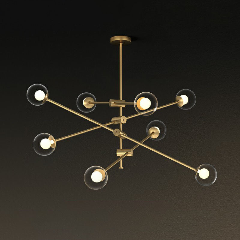 Metal Swivel Arm Hanging Lamp Minimalist Brass Finish Chandelier with Ball Glass Shade 8 Clear Clearhalo 'Ceiling Lights' 'Chandeliers' 'Clear' 'Industrial' 'Modern Chandeliers' 'Modern' 'Tiffany' 'Traditional Chandeliers' Lighting' 2268237