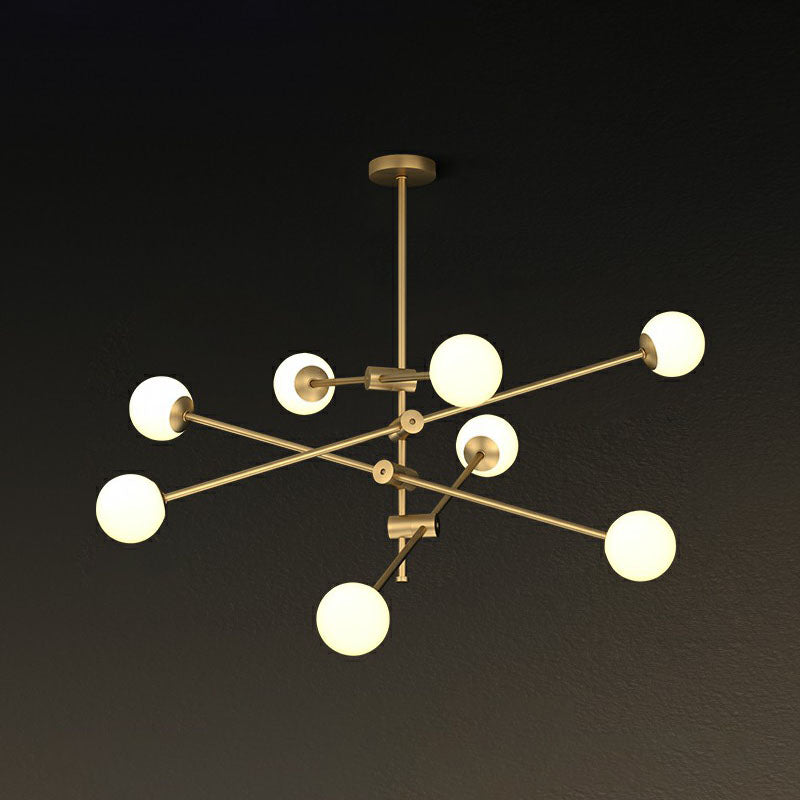 Metal Swivel Arm Hanging Lamp Minimalist Brass Finish Chandelier with Ball Glass Shade 8 Cream Clearhalo 'Ceiling Lights' 'Chandeliers' 'Clear' 'Industrial' 'Modern Chandeliers' 'Modern' 'Tiffany' 'Traditional Chandeliers' Lighting' 2268240
