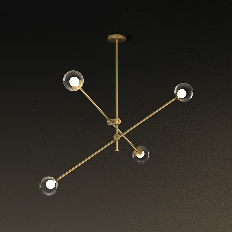 Metal Swivel Arm Hanging Lamp Minimalist Brass Finish Chandelier with Ball Glass Shade 4 Clear Clearhalo 'Ceiling Lights' 'Chandeliers' 'Clear' 'Industrial' 'Modern Chandeliers' 'Modern' 'Tiffany' 'Traditional Chandeliers' Lighting' 2268241