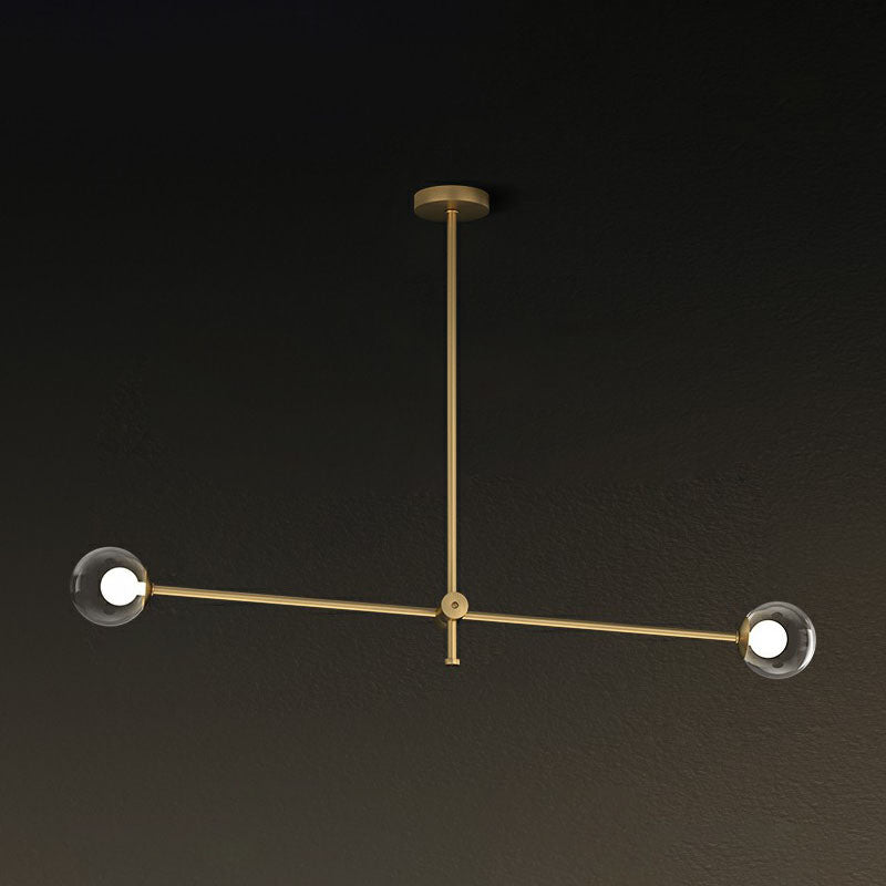 Metal Swivel Arm Hanging Lamp Minimalist Brass Finish Chandelier with Ball Glass Shade 2 Clear Clearhalo 'Ceiling Lights' 'Chandeliers' 'Clear' 'Industrial' 'Modern Chandeliers' 'Modern' 'Tiffany' 'Traditional Chandeliers' Lighting' 2268242