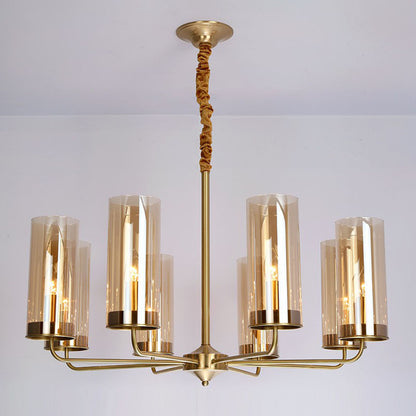 Postmodern Tubular Up Chandelier Glass Living Room Hanging Pendant Light in Brass 8 Amber Clearhalo 'Ceiling Lights' 'Chandeliers' 'Modern Chandeliers' 'Modern' Lighting' 2268313