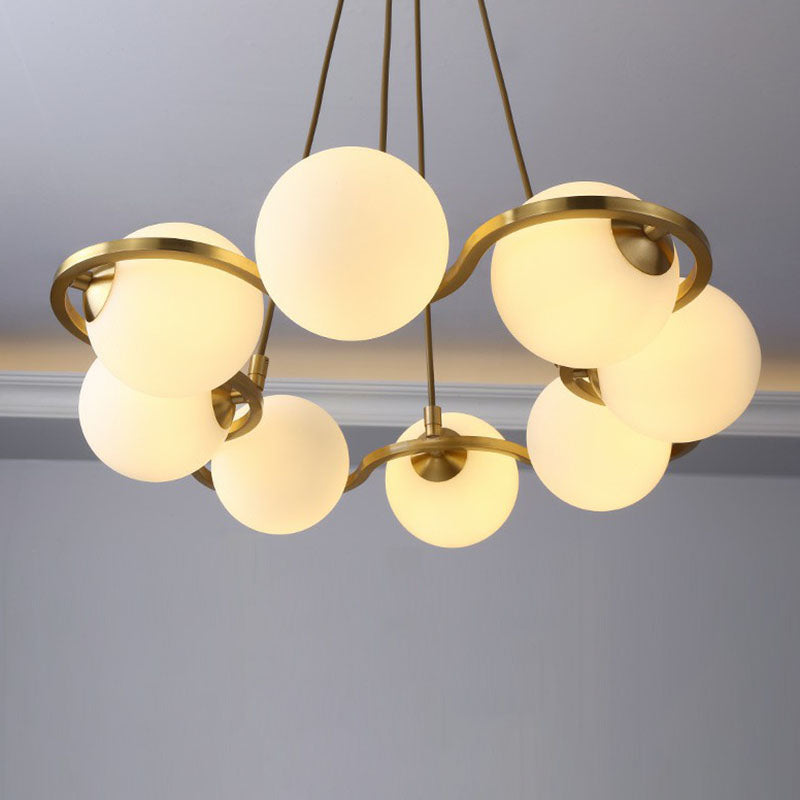 Brass Finish Floral Ring Shaped Chandelier Modern Metal Hanging Light with Ball Glass Shade 8 White Clearhalo 'Ceiling Lights' 'Chandeliers' 'Clear' 'Industrial' 'Modern Chandeliers' 'Modern' 'Tiffany' 'Traditional Chandeliers' Lighting' 2268365