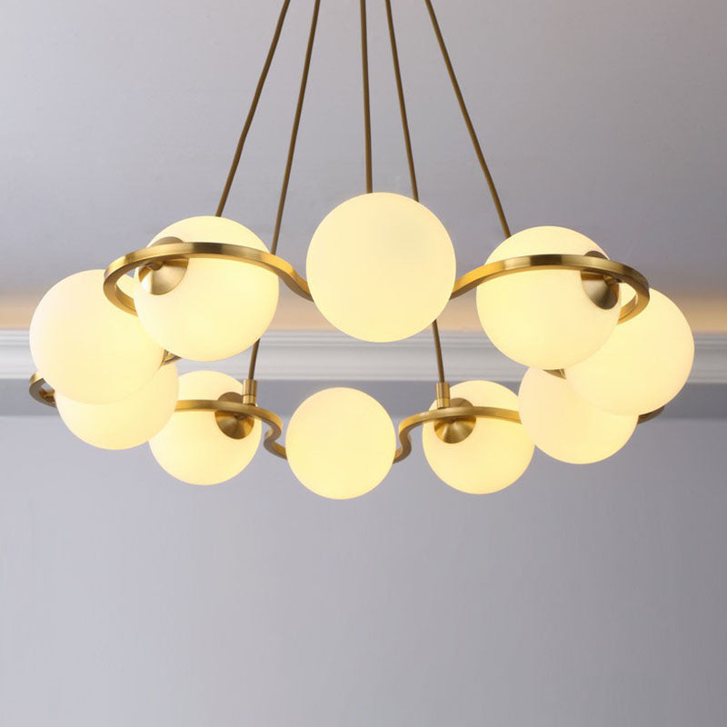Brass Finish Floral Ring Shaped Chandelier Modern Metal Hanging Light with Ball Glass Shade 10 White Clearhalo 'Ceiling Lights' 'Chandeliers' 'Clear' 'Industrial' 'Modern Chandeliers' 'Modern' 'Tiffany' 'Traditional Chandeliers' Lighting' 2268368