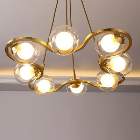 Brass Finish Floral Ring Shaped Chandelier Modern Metal Hanging Light with Ball Glass Shade 8 Clear Clearhalo 'Ceiling Lights' 'Chandeliers' 'Clear' 'Industrial' 'Modern Chandeliers' 'Modern' 'Tiffany' 'Traditional Chandeliers' Lighting' 2268369