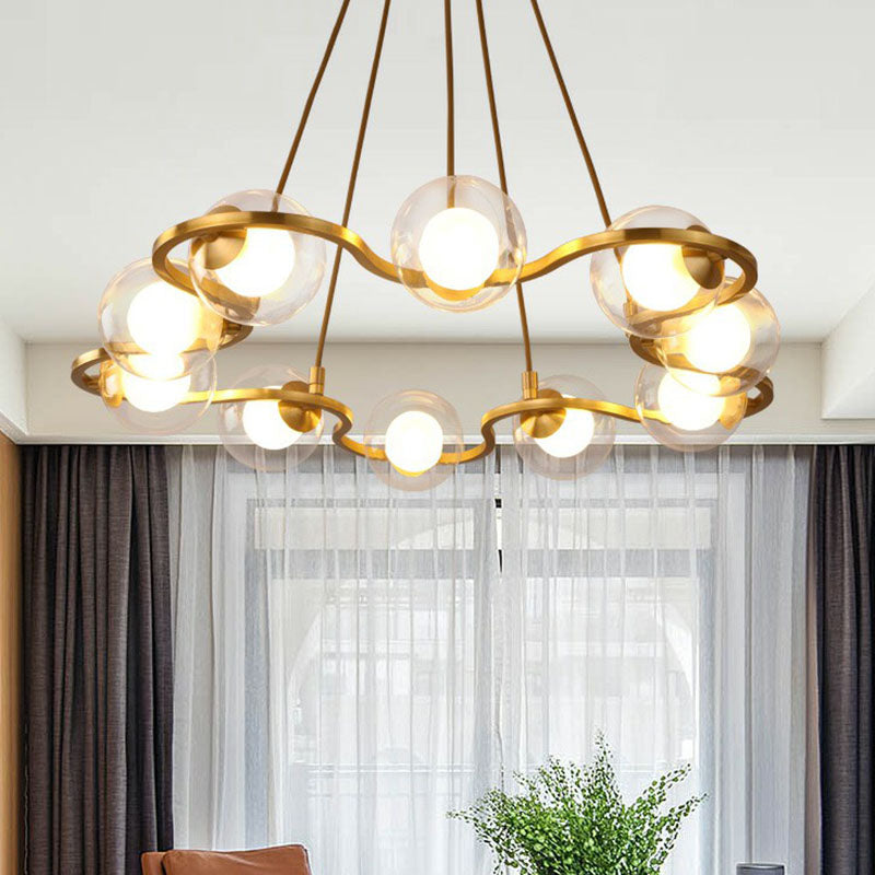 Brass Finish Floral Ring Shaped Chandelier Modern Metal Hanging Light with Ball Glass Shade Clearhalo 'Ceiling Lights' 'Chandeliers' 'Clear' 'Industrial' 'Modern Chandeliers' 'Modern' 'Tiffany' 'Traditional Chandeliers' Lighting' 2268370