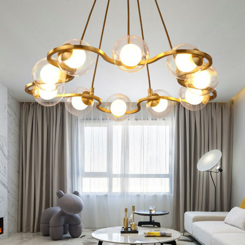 Brass Finish Floral Ring Shaped Chandelier Modern Metal Hanging Light with Ball Glass Shade Clearhalo 'Ceiling Lights' 'Chandeliers' 'Clear' 'Industrial' 'Modern Chandeliers' 'Modern' 'Tiffany' 'Traditional Chandeliers' Lighting' 2268371