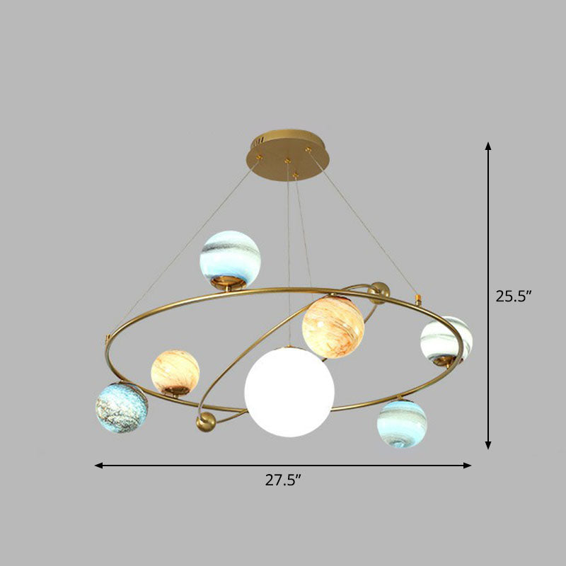 Glass Planet Hanging Lamp Postmodern Brass Finish Chandelier Light for Living Room 7 Blue Clearhalo 'Ceiling Lights' 'Chandeliers' 'Modern Chandeliers' 'Modern' Lighting' 2268373